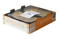Auf dem Foto ist die Verpackung des Herstellers Delasia zu sehen. Der Karton ist aus Pappe und hat die typischen Delasia-Farben in hellblau,weiß und orange. In dem pappkarton erkennt man die zweifache 1,5kg-Packung, in der die Gerichte geliefert werden.