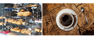 Eine Auslage beim Bäcker von verschiedenen süßen Snacks sowie ein Bild einer Tasse Kaffee