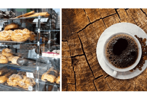 Eine Auslage beim Bäcker von verschiedenen süßen Snacks sowie ein Bild einer Tasse Kaffee