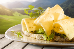 Auf dem Foto ist ein BUtterbrot mit drei eingerollten Käsescheiben zu sehen. Der Käse ist der neue würzige Käse von Frischpack. Auf dem Käsebrot befindet sich unter dem Käse ebenfalls noch Salat. Das belegte Brot liegt auf einem weißen Teller, auf einem hell-grauen Holztisch. Im Hintergrund ist eine Landschaft aus Wiesen und Bergen zu erkennen. Die Wiesen sind grün und die Berge verschimmen in einer weiß-grau und bläulichen Farbe.