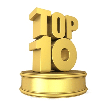 Eine Goldene Top 10 in Großbuchstaben steht auf einem Podest und schaut aus wie ein Pokal.