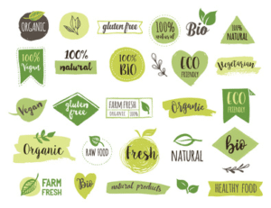 Das Bild zeigt viele grüne Logos, in denen das Wort Bio, organic, vegan, oder natural steht. Der Hintergrund ist weiß.