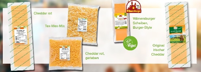 Alle 5 Chaddar- Käsesorten von Frischpack in Ihrer Verpackung in der Sie zu erwerben sind, sind auf deisem Bild zu sehen,
