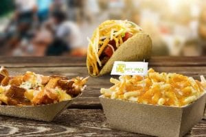 Frischpack: Auf dem Bild sind Pommes, ein Taco und Maccharonie mit Käse überbacken zu sehen.