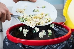 Auf dem Bild sieht man, wie ein Teller mit Essensresten in den Mülleimer geworfen wird. Über den Mülleimer ist ein schwarzer Müllsack zu sehen.