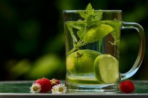 Eine hausgemachte Limonade in einem Glas, in welchem sich ebenfalls Limettenscheiben befinden. Neben dem Glas liegen drei Erdbeeren und drei Gänseblümchen.