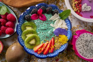 Acai bowl smoothie with kiwi blackberry strawberry and chia seeds dragon fruit
