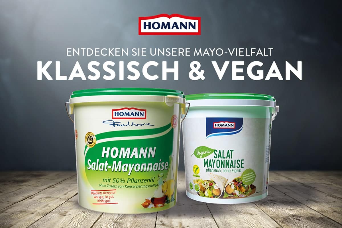 Die grüne Welle rollt. Das zeigen auch die vielen veganen Produkte, die in den letzten Monaten den Markt geflutet haben. Wie die vegane Mayo von Homann.