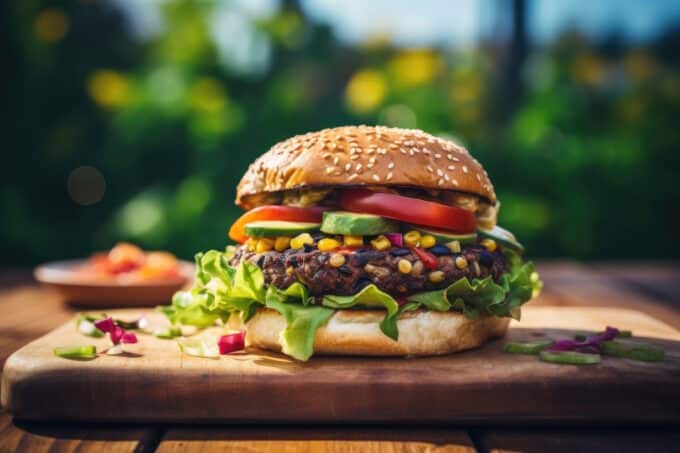 Veganer Burger auf Holzbrett
