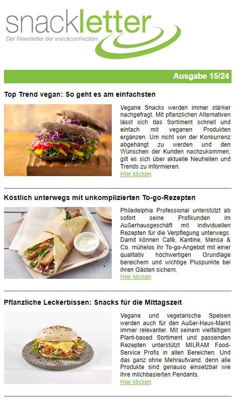 Newsletter snackconnection snackletter Ausgabe 15 vegan